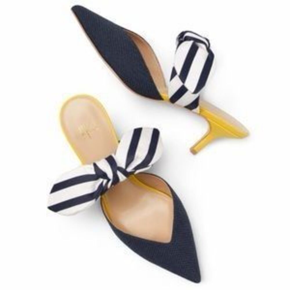 CAbi Striped Bow Kitten Heel Mules in Yellow Navy Blue Size 8 #6022